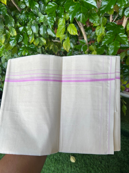 KaithariKada Balaramapuram 100% Cotton Double OFF WHITE (unbleached) Mundu/Dhoti- 60s - 0.5 cm lavander pink thin Kara 4 mtr (8.5 muzham) - 81KK5227 PMC