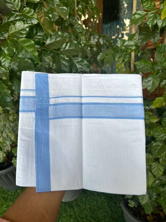 KaithariKada Balaramapuram 100% Cotton Single Pure White Mundu/Dhoti - 100X80 - 1.5 inch Sky Blue Shaded kara 2 mtr (4 muzham) - 3 KK5294 THI