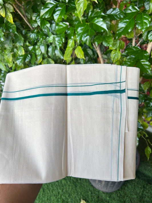 KaithariKada Balaramapuram 100% Cotton Double OFF WHITE (unbleached) Mundu/Dhoti- 60s - 0.5 cm Bottle Green thin Kara 4 mtr (8.5 muzham) - 82KK5227 PMC