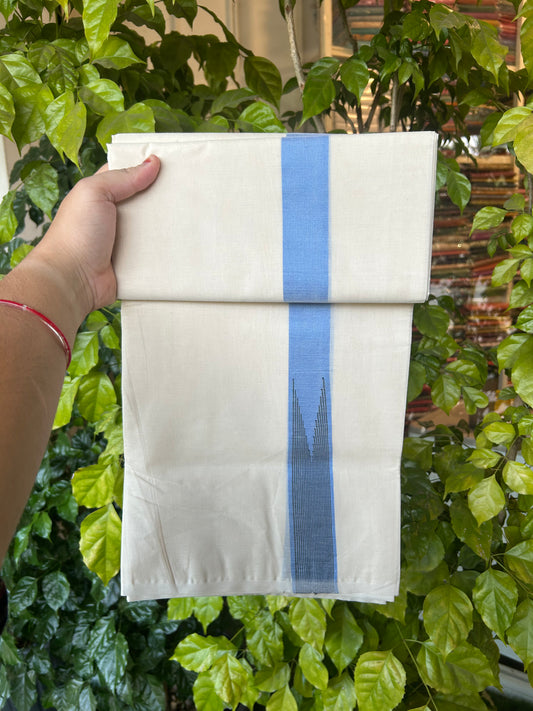 20% Discount ! KaithariKada 100% Cotton off white Double - (Unbleached) Mundu/Dhoti - 100X100 - 1.5 inch Puliyilakkara Light Blue & Black Striped Chutty kara - 4 mtr (8.5 muzham) - 9 KK5374 ASH
