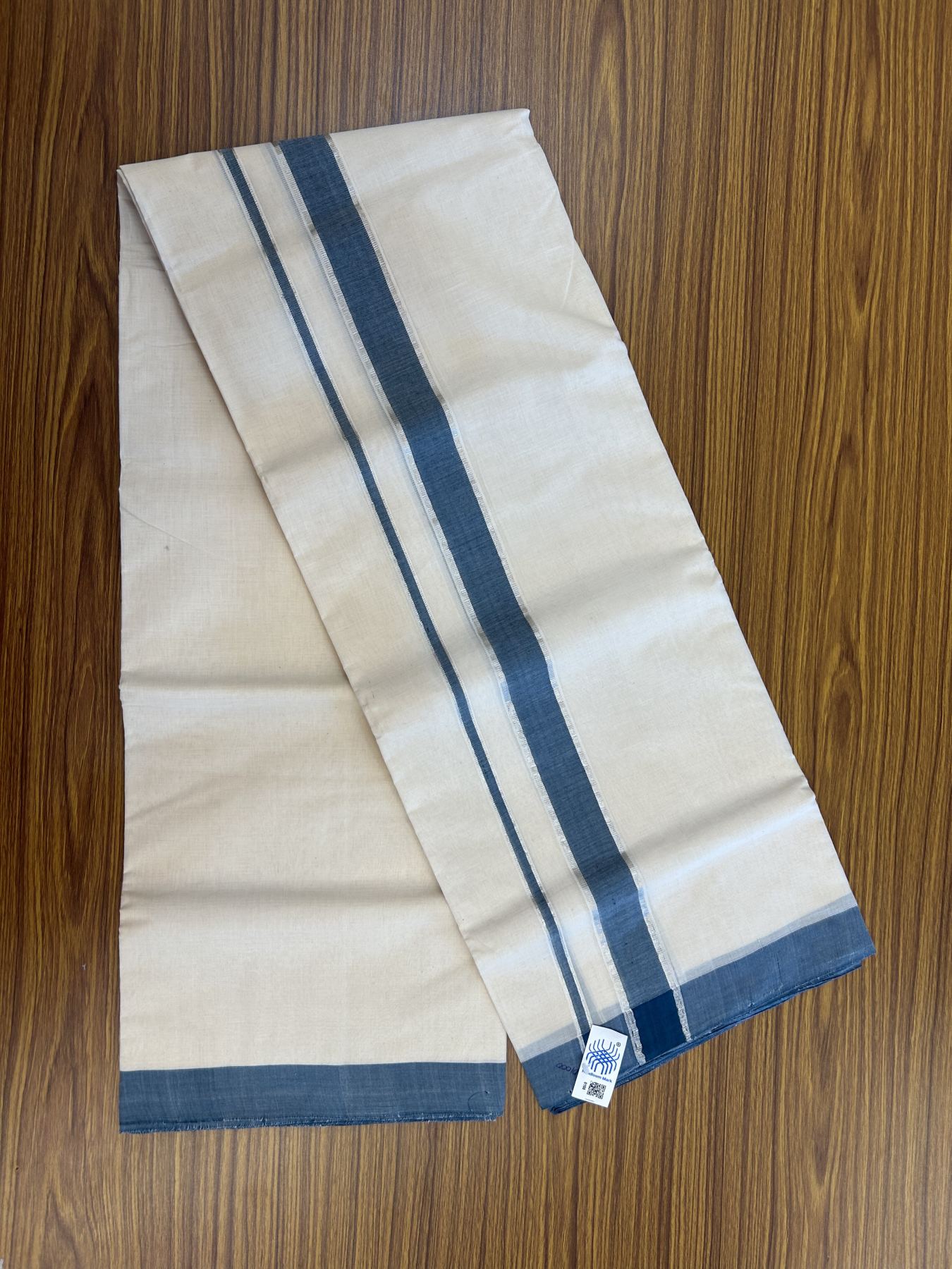 Kerala Handloom - Signature Kaitharikada - 25% Discount! - Government Sealed Hallmarked-100% Pure Cotton! (90x80) Twisted Thread- Off White Double Mundu/Dhoti - 1.5 inch Silver Kasav & Peacock Blue Kara 4 mtr (8.5 muzham) - 4 KK5331 KAL