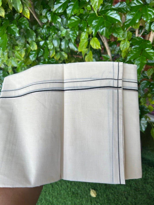 KaithariKada Balaramapuram 100% Cotton Double OFF WHITE (unbleached) Mundu/Dhoti- 60s - 0.5 cm Silver Kasavu & Black thin Kara 4 mtr (8.5 muzham) - 79KK5227 PMC