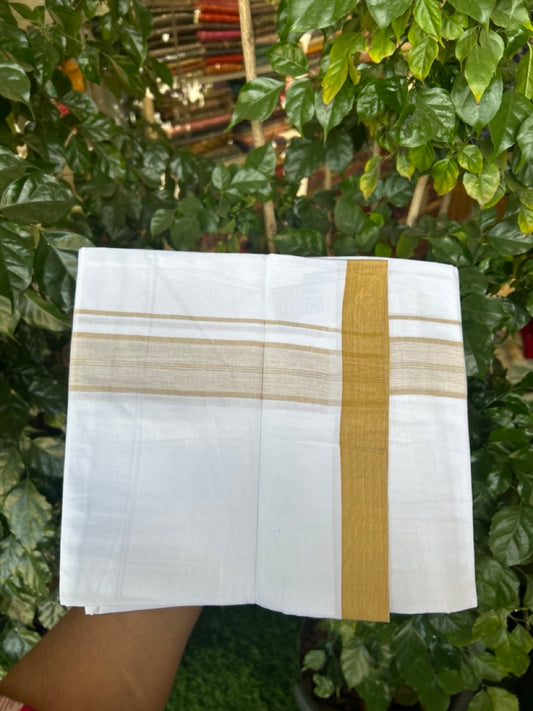 KaithariKada Balaramapuram 100% Cotton Single Pure White Mundu/Dhoti - 100X80 - 1.5 inch Golden Yellow Shaded Stripes kara 2 mtr (4 muzham) - 9 KK5294 THI