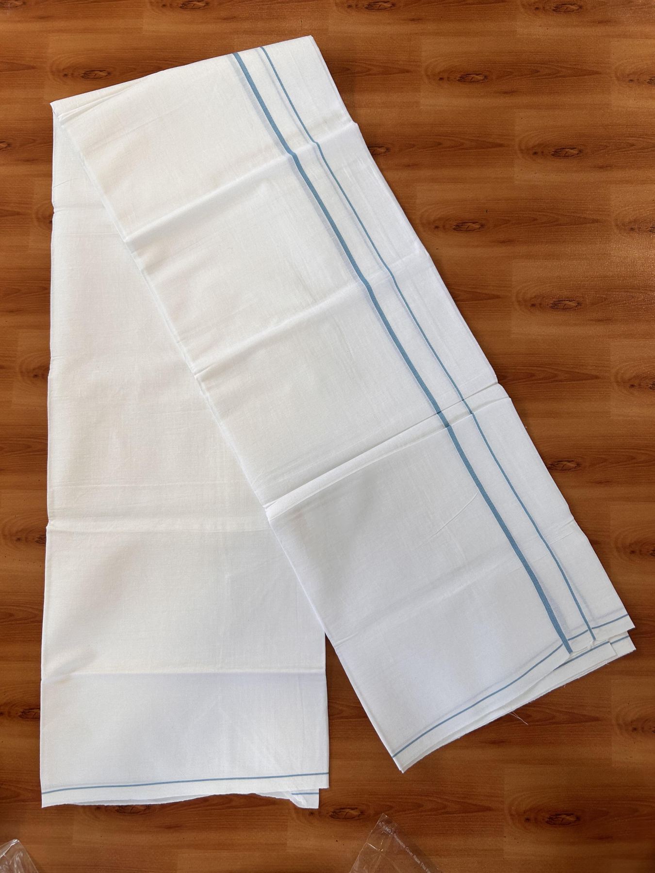 Single Pure White Mundu/Dhoti - KaithariKada Balaramapuram Pure Cotton - 70x30 - 0.3 Inch Pestal Blue Kara 1.90 mtr (4 muzham) - 11 KK5418 PMC