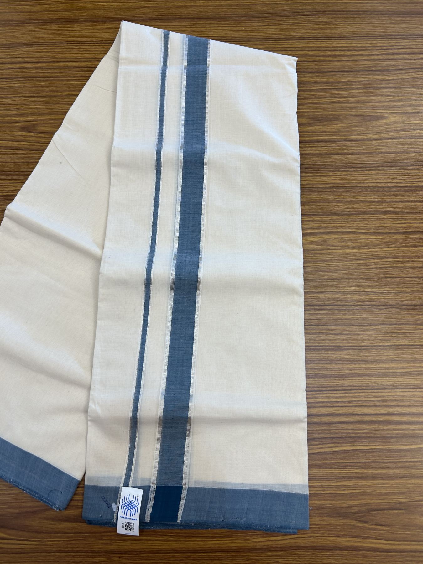 Kerala Handloom - Signature Kaitharikada - 25% Discount! - Government Sealed Hallmarked-100% Pure Cotton! (90x80) Twisted Thread- Off White Double Mundu/Dhoti - 1.5 inch Silver Kasav & Peacock Blue Kara 4 mtr (8.5 muzham) - 4 KK5331 KAL