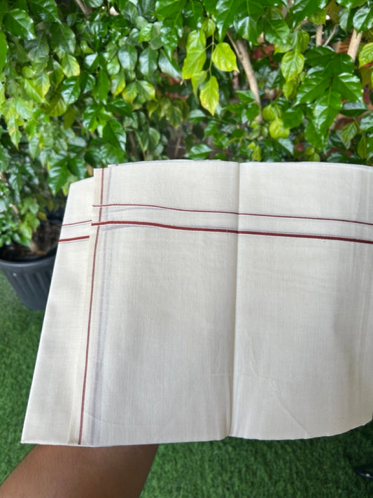 KaithariKada Balaramapuram 100% Cotton Double OFF WHITE (unbleached) Mundu/Dhoti- 60s - 0.2 cm Light Brown thin Kara 4 mtr (8.5 muzham) - 80KK5227 PMC