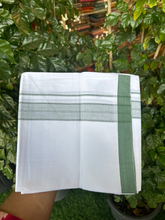 KaithariKada Balaramapuram 100% Cotton Single Pure White Mundu/Dhoti - 100X80 - 1.5 inch Green Shaded Stripes kara 2 mtr (4 muzham) - 10 KK5294 THI