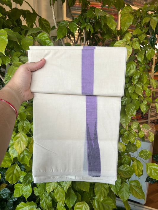 20% Discount ! KaithariKada 100% Cotton off white Double - (Unbleached) Mundu/Dhoti - 100X100 - 1.5 inch Puliyilakkara Lavender Purple & Black Striped Chutty kara - 4 mtr (8.5 muzham) - 8 KK5374 ASH