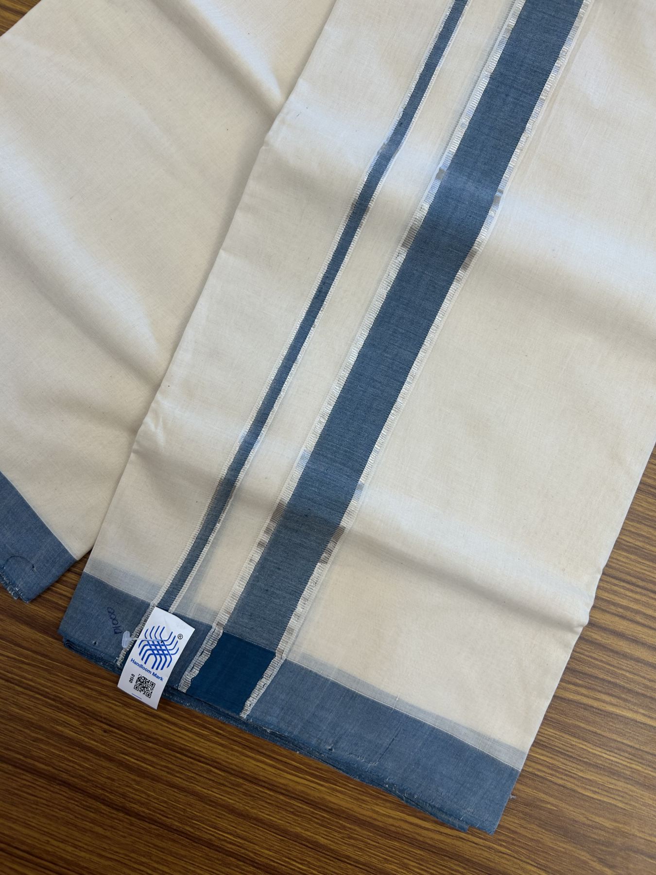 Kerala Handloom - Signature Kaitharikada - 25% Discount! - Government Sealed Hallmarked-100% Pure Cotton! (90x80) Twisted Thread- Off White Double Mundu/Dhoti - 1.5 inch Silver Kasav & Peacock Blue Kara 4 mtr (8.5 muzham) - 4 KK5331 KAL