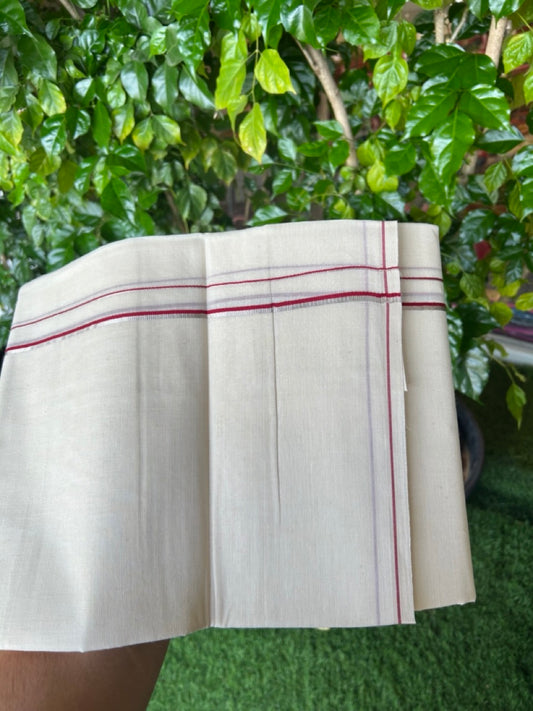 KaithariKada Balaramapuram 100% Cotton Double OFF WHITE (unbleached) Mundu/Dhoti- 60s - 0.5 cm Silver Kasavu & Maroon thin Kara 4 mtr (8.5 muzham) - 77KK5227 PMC
