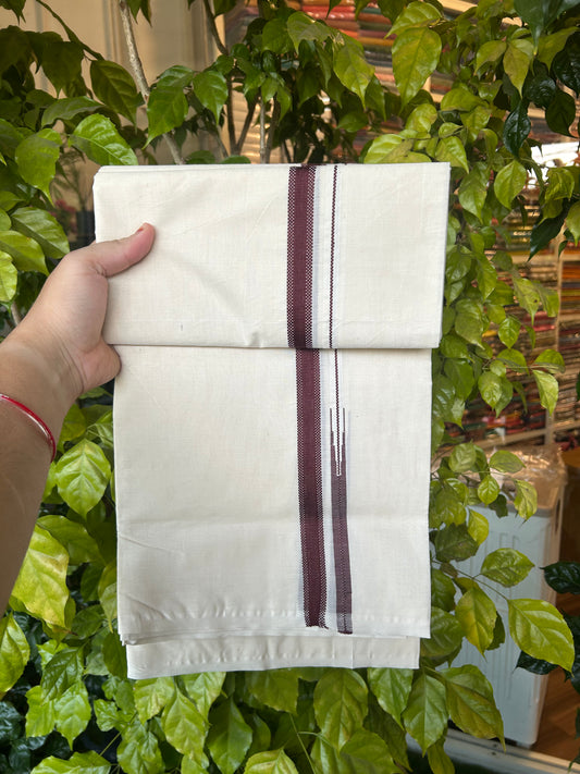 23% Discount! KaithariKada Balaramapuram 100% Cotton Double Off white Mundu/Dhoti- 100x100 - 0.75 inch Puliyilakkara Maroon Chutty Kara - 4 mtr (8.5 muzham) - 3 KK5374 ASH