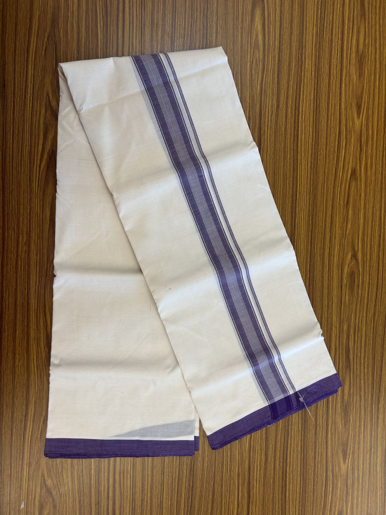 Kerala Handloom - Signature Kaitharikada - Government Sealed Hallmarked-100% Pure Cotton! (2/120X2/160) Twisted Thread- Off White Double Mundu/Dhoti - 1.5 inch Violet Striped Kara 4 mtr (8.5 muzham) - 5 KK5331 KAL