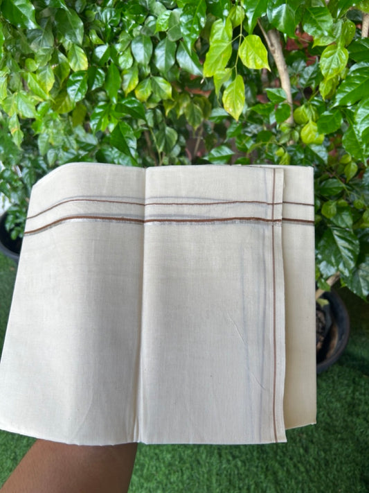KaithariKada Balaramapuram 100% Cotton Double OFF WHITE (unbleached) Mundu/Dhoti- 60s - 0.5 cm Silver Kasavu & Brown thin Kara 4 mtr (8.5 muzham) - 78KK5227 PMC