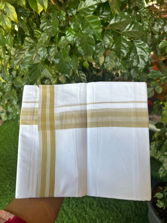 20% Discount ! Kaitharikada Balaramapuram 100% Cotton PURE WHITE Double Mundu/Dothi - 100x80 - 1.5 inch Dark Mustard Yellow Shaded Striped Kara 3.90 mtr (8 muzham) - 96 KK5294 THI