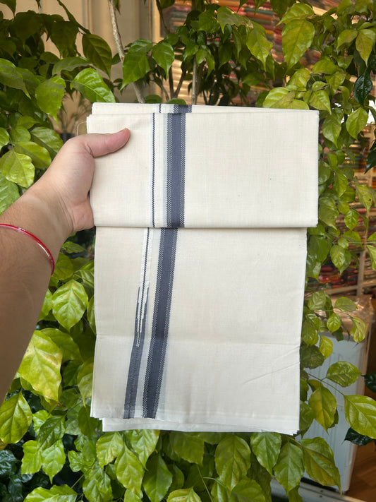 23% Discount! KaithariKada Balaramapuram 100% Cotton Double Off white Mundu/Dhoti- 100x100 - 0.75 inch Puliyilakkara Ash Grey Chutty Kara - 4 mtr (8.5 muzham) - 2 KK5374 ASH