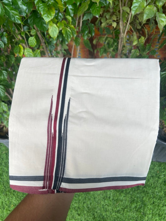 AIADMK VESHTI - 22% DISCOUNT! KaithariKada 100% Cotton off white Double - (Unbleached) Mundu/Dhoti - 100X100 - 1 inch Black White & Maroon Striped Wings Chutty kara- 2KK5150ASH