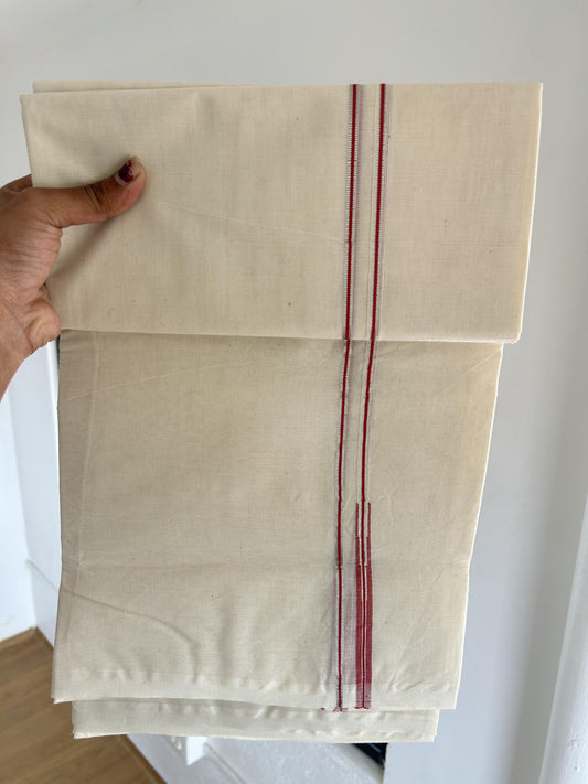 20% Discount! KaithariKada Balaramapuram 100% Cotton Double Off white Mundu/Dhoti- 100x100 - 0.2 cm Puliyilakkara Silver Kasav & Pinkish Red Chutty Kara 4 mtr (8.5 muzham) - 3 KK5392 ASH