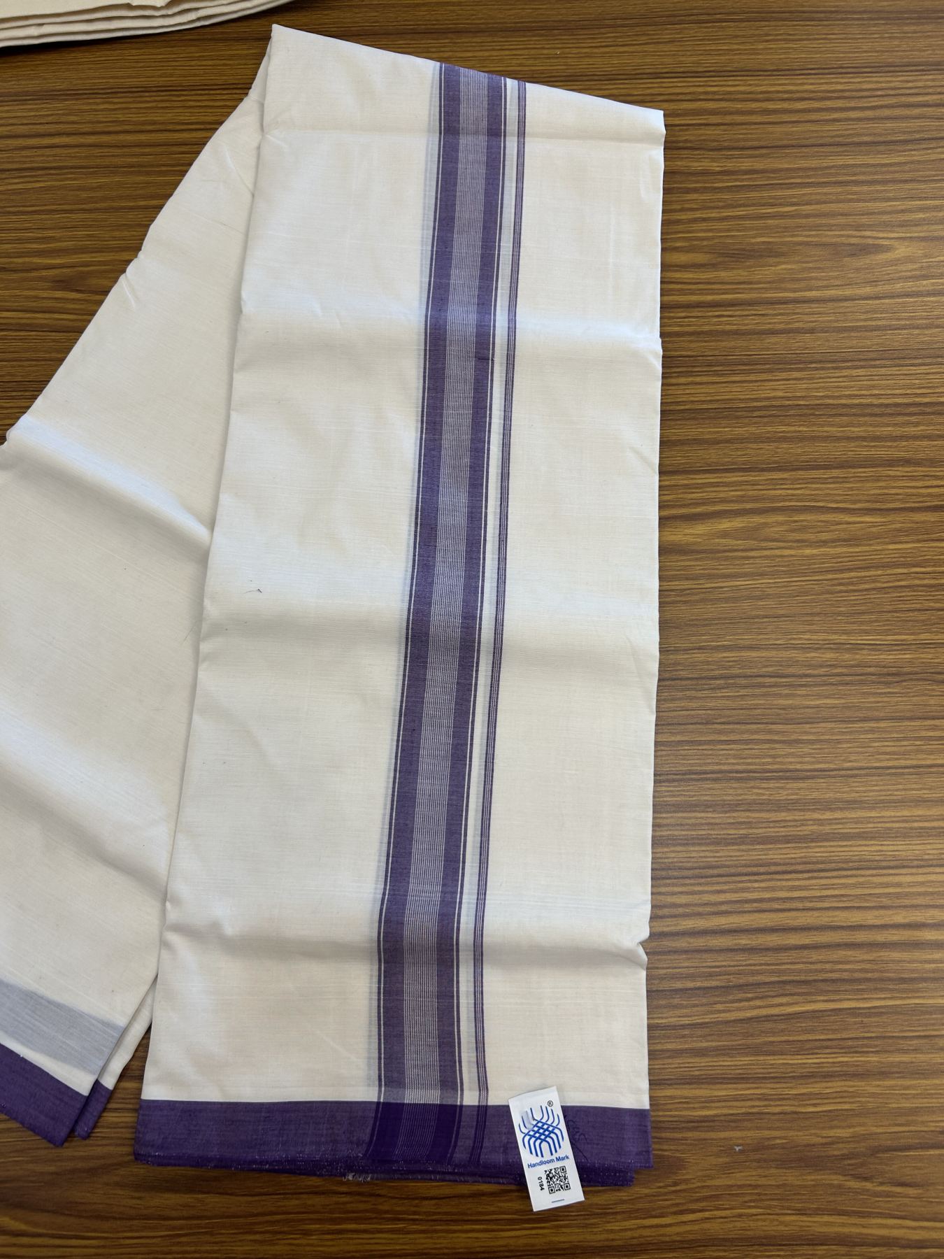 Kerala Handloom - Signature Kaitharikada - Government Sealed Hallmarked-100% Pure Cotton! (2/120X2/160) Twisted Thread- Off White Double Mundu/Dhoti - 1.5 inch Violet Striped Kara 4 mtr (8.5 muzham) - 5 KK5331 KAL