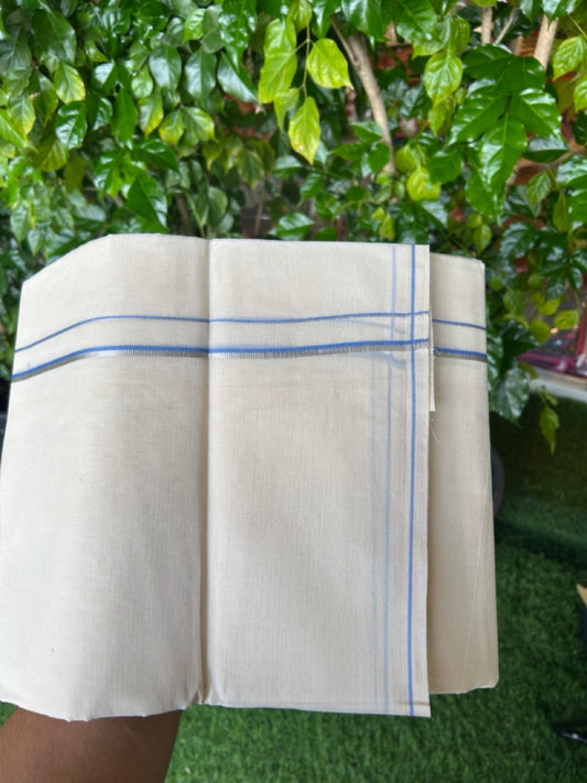 KaithariKada Balaramapuram 100% Cotton Double OFF WHITE (unbleached) Mundu/Dhoti- 60s - 0.5 cm Silver Kasavu & Light Blue thin Kara 4 mtr (8.5 muzham) - 75KK5227 PMC