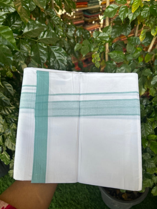 KaithariKada Balaramapuram 100% Cotton Single Pure White Mundu/Dhoti - 100X80 - 1.5 inch Light Teal Blue Shaded Stripes kara 2 mtr (4 muzham) - 11 KK5294 THI