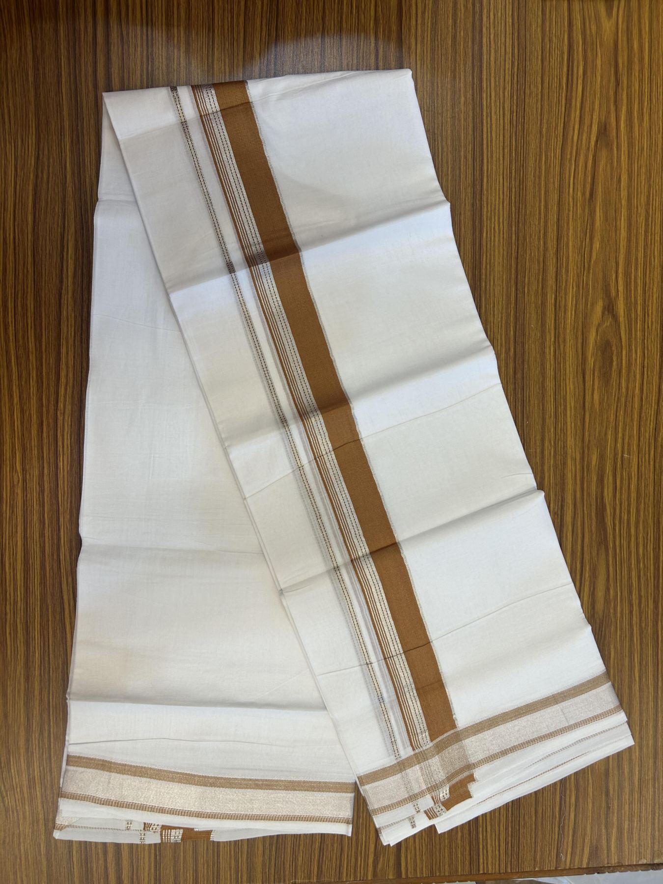 20% Discount!! Kaitharikada Balaramapuram 100% Pure Cotton Pure White Double Mundu/Dothi - 100x80 - 1.5 inch Burnt Orange & Silver Kasav Striped Kara - 3.90 m (8 muzham) - 60 KK5356 VAS