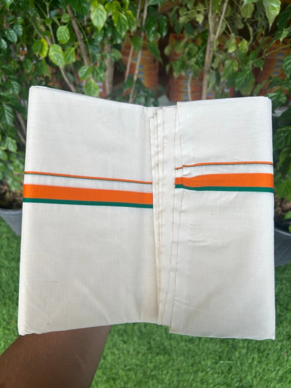 BJP VESHTI - 24% DISCOUNT! KaithariKada 100% Cotton off white Double - (Unbleached) Mundu/Dhoti - 100X100 - 0.75 inch Orange & Green Kara - 3KK5150ASH
