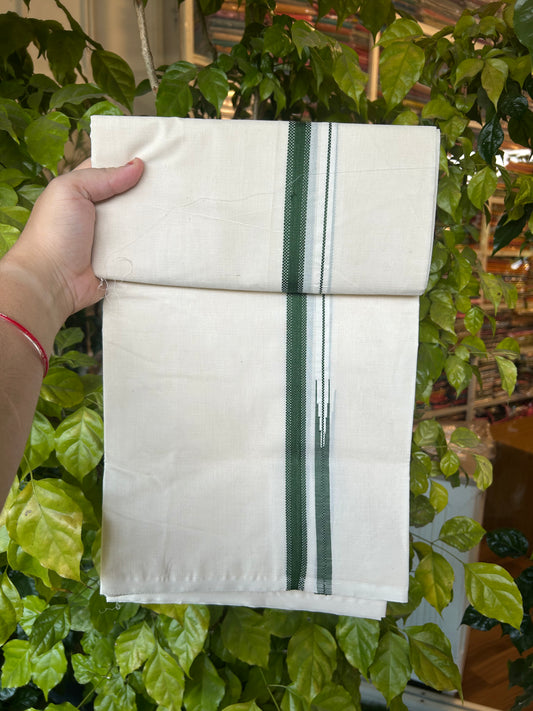 23% Discount! KaithariKada Balaramapuram 100% Cotton Double Off white Mundu/Dhoti- 100x100 - 0.75 inch Puliyilakkara Green Chutty Kara - 4 mtr (8.5 muzham) - 1 KK5374 ASH