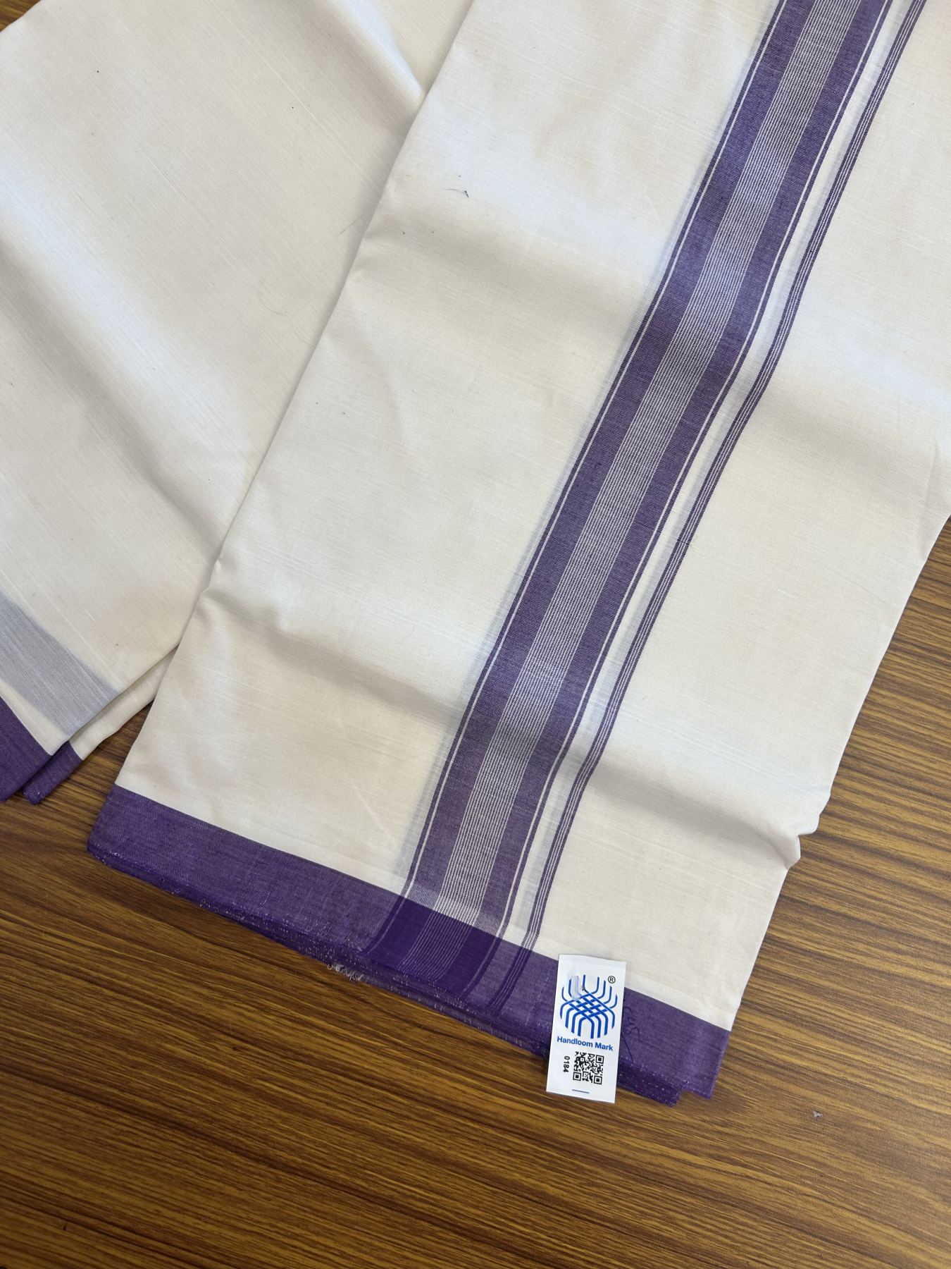 Kerala Handloom - Signature Kaitharikada - Government Sealed Hallmarked-100% Pure Cotton! (2/120X2/160) Twisted Thread- Off White Double Mundu/Dhoti - 1.5 inch Violet Striped Kara 4 mtr (8.5 muzham) - 5 KK5331 KAL