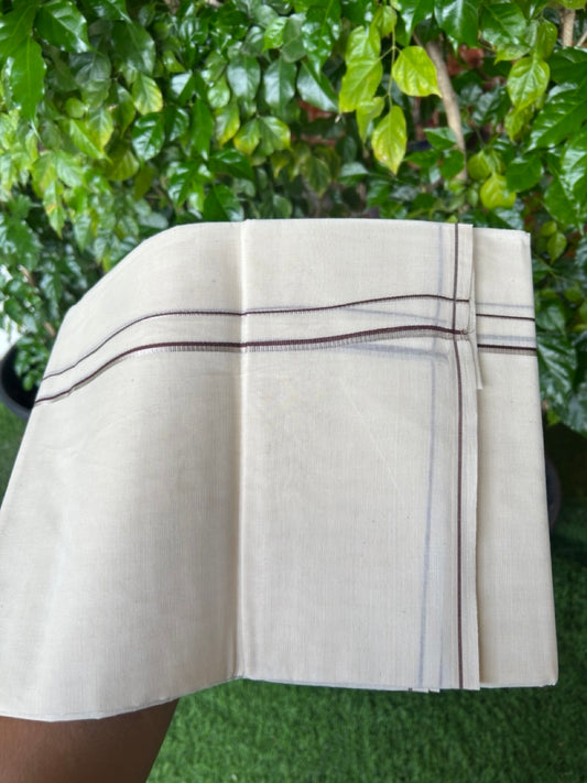 KaithariKada Balaramapuram 100% Cotton Double OFF WHITE (unbleached) Mundu/Dhoti- 60s - 0.5 cm Silver Kasavu & Chocolate brown thin Kara 4 mtr (8.5 muzham) - 76KK5227 PMC