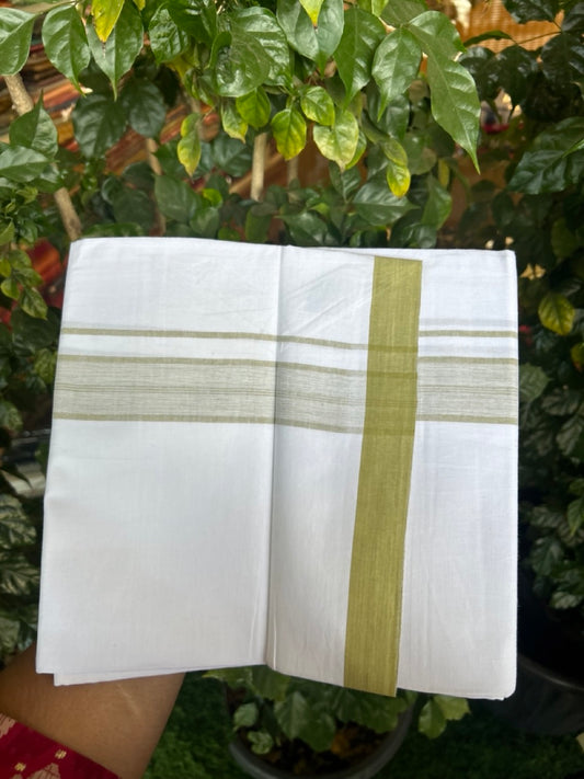 KaithariKada Balaramapuram 100% Cotton Single Pure White Mundu/Dhoti - 100X80 - 1.5 inch Light Olive Green Shaded Stripes kara 2 mtr (4 muzham) - 8 KK5294 THI