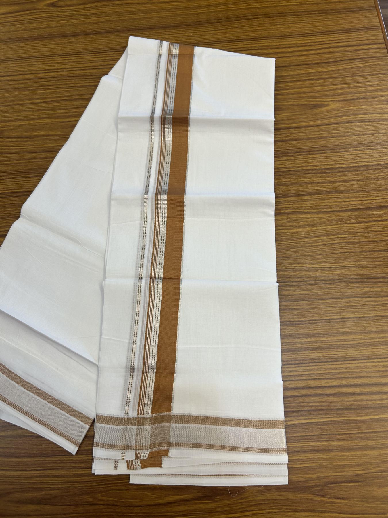 20% Discount!! Kaitharikada Balaramapuram 100% Pure Cotton Pure White Double Mundu/Dothi - 100x80 - 1.5 inch Burnt Orange & Silver Kasav Striped Kara - 3.90 m (8 muzham) - 60 KK5356 VAS
