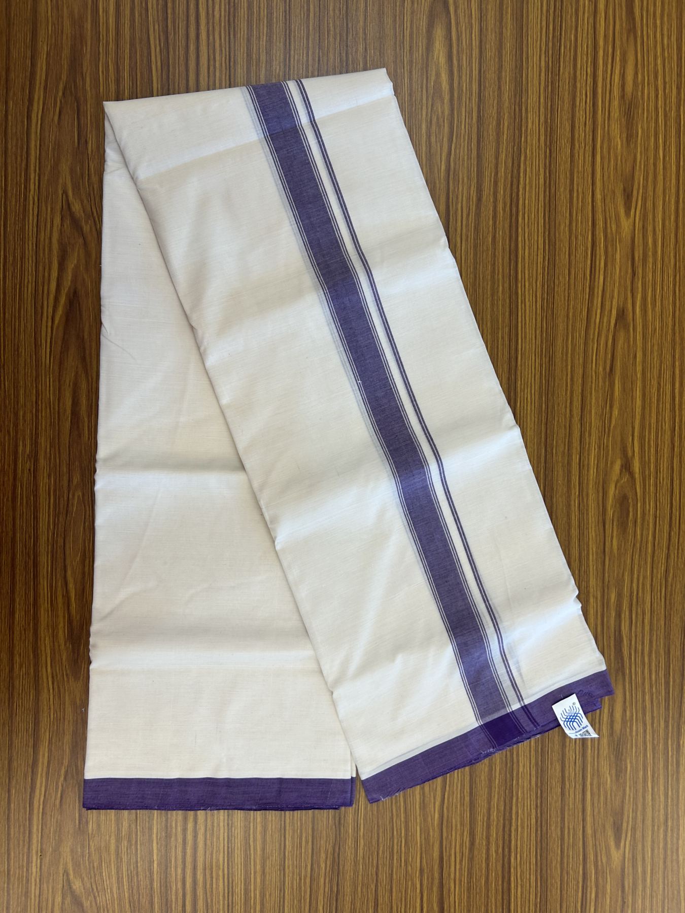 Kerala Handloom - Signature Kaitharikada - 100% Pure Cotton! (2/120X2/160) Twisted Thread- Off White Double Mundu/Dhoti - 1.25 inch Violet Striped Kara 4 mtr (8.5 muzham) - 6 KK5331 KAL
