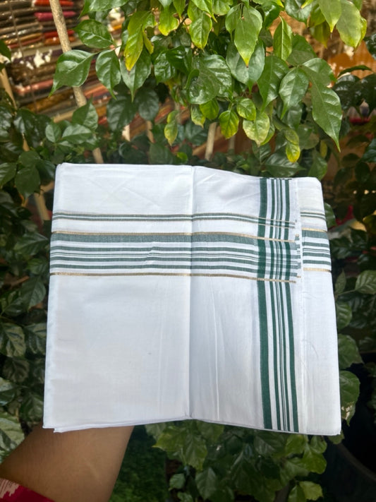 20% Discount ! Kaitharikada Balaramapuram 100% Cotton PURE WHITE Double Mundu/Dothi - 100x80 - 1.5 inch Silver Kasav & Green Shaded Striped Kara 3.90 mtr (8 muzham) - 39 KK5294 THI