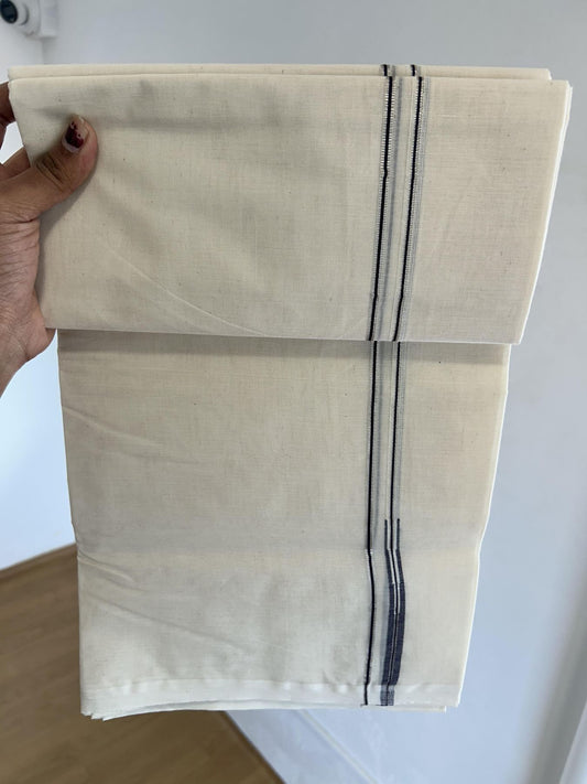 20% Discount! KaithariKada Balaramapuram 100% Cotton Double Off white Mundu/Dhoti- 100x100 - 0.2 cm Puliyilakkara Silver Kasav & Deep Violet Chutty Kara 4 mtr (8.5 muzham) - 7 KK5392 ASH