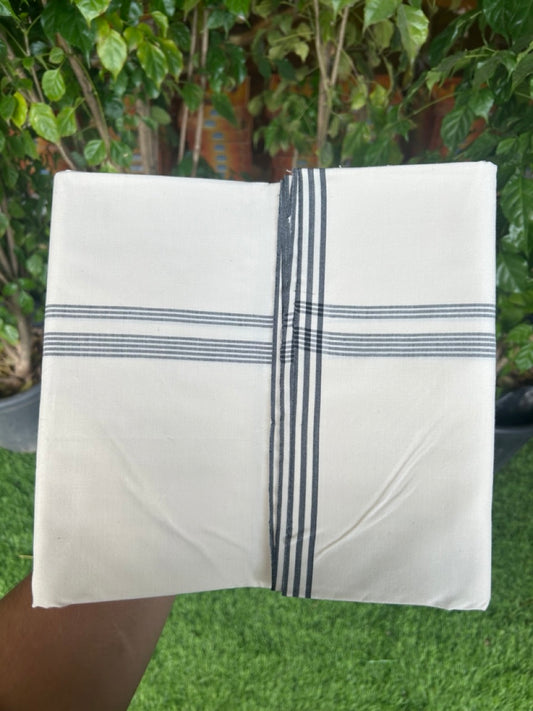 15% DISCOUNT ! KaithariKada Balaramapuram 100%  Cotton Single Off white - (Unbleached) Mundu/Dhoti-100X100- 0.5 inch Black Striped Kara (2 metre / 4 muzham) - 1KK5150ASH