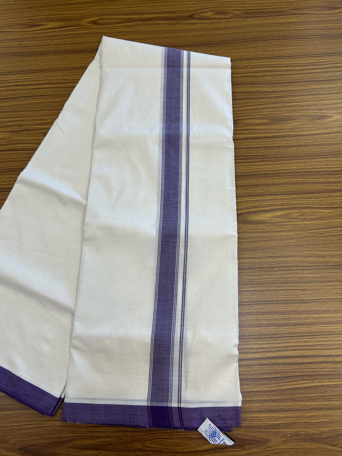 Kerala Handloom - Signature Kaitharikada - 100% Pure Cotton! (2/120X2/160) Twisted Thread- Off White Double Mundu/Dhoti - 1.25 inch Violet Striped Kara 4 mtr (8.5 muzham) - 6 KK5331 KAL