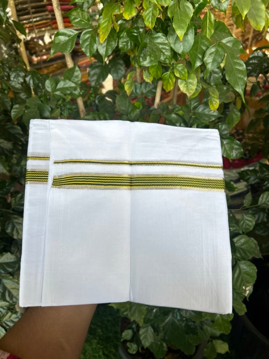 20% Discount ! Kaitharikada Balaramapuram 100% Cotton PURE WHITE Double Mundu/Dothi - 100x80 - 0.75 inch Silver Kasav Black & Yellow Striped Kara 3.90 mtr (8 muzham) - 66 KK5294 THI