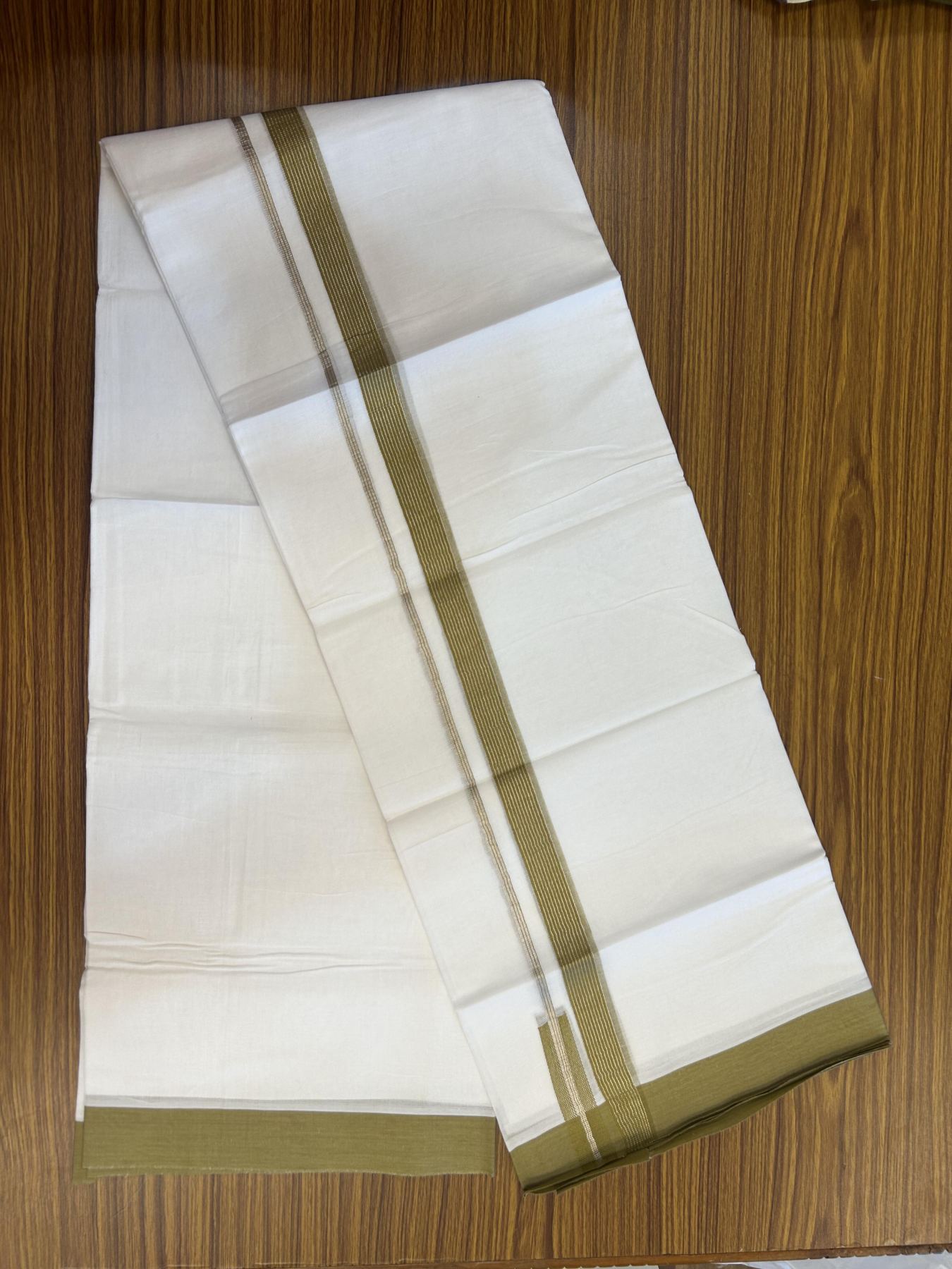 20% Discount!! Kaitharikada Balaramapuram 100% Pure Cotton Pure White Double Mundu/Dothi - 100x80 - 0.75 inch Dark Mustard & Silver Kasav Stripes Chutty Kara 3.90 m (8 muzham) - 18 KK5356 VAS