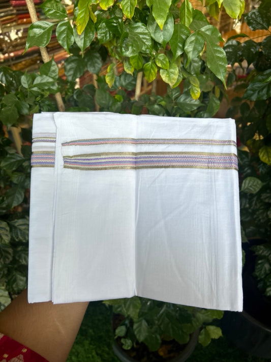 20% Discount ! Kaitharikada Balaramapuram 100% Cotton PURE WHITE Double Mundu/Dothi - 100x80 - 0.75 inch Silver Kasav &  Multi Colour Striped Kara 3.90 mtr (8 muzham) - 65 KK5294 THI