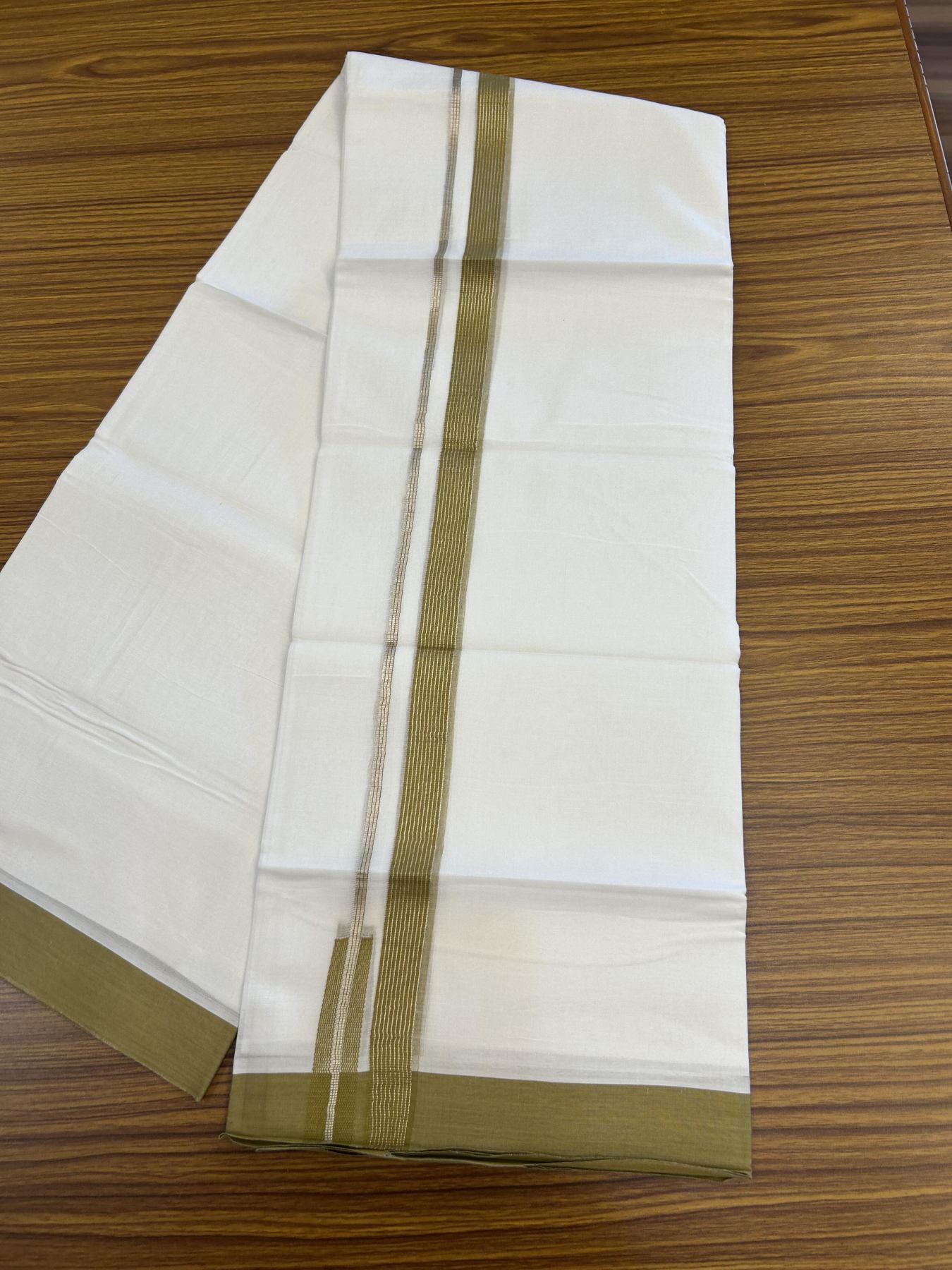 20% Discount!! Kaitharikada Balaramapuram 100% Pure Cotton Pure White Double Mundu/Dothi - 100x80 - 0.75 inch Dark Mustard & Silver Kasav Stripes Chutty Kara 3.90 m (8 muzham) - 18 KK5356 VAS