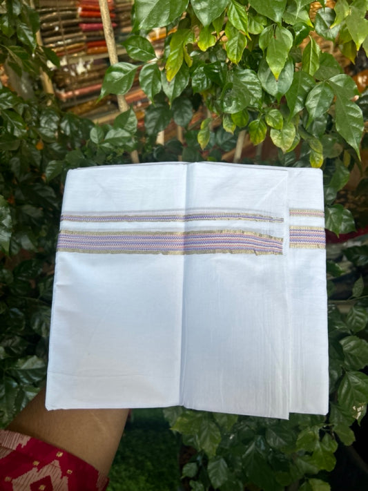 20% Discount ! Kaitharikada Balaramapuram 100% Cotton PURE WHITE Double Mundu/Dothi - 100x80 - 0.75 inch Silver Kasav & Multi Colour Striped Kara 3.90 mtr (8 muzham) - 64 KK5294 THI