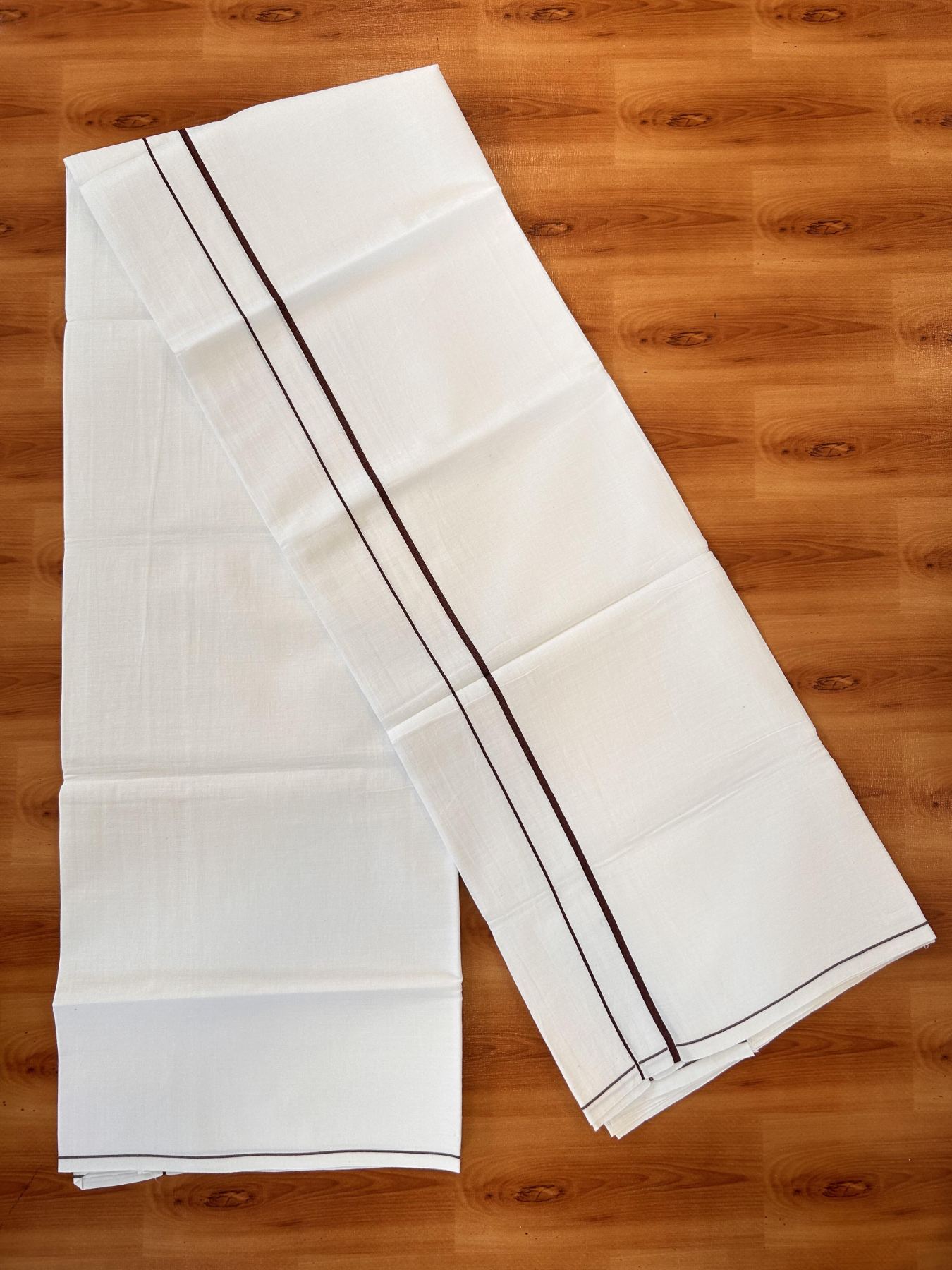 Single Pure White Mundu/Dhoti - KaithariKada Balaramapuram Pure Cotton - 70x30 - 0.3 Inch Brown Kara 1.90 mtr (4 muzham) - 15 KK5418 PMC
