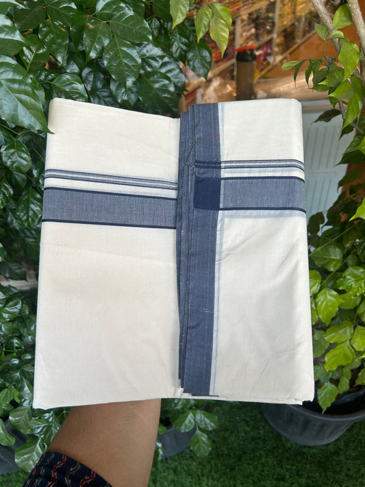20% Discount !! KaithariKada Balaramapuram 100% Cotton Double Off White - (Unbleached) Mundu/Dhoti-100X100 - 1.25 inch Navy Blue Shaded Kara (4.50 meter / 9.64 muzham) - 15 KK5374 ASH