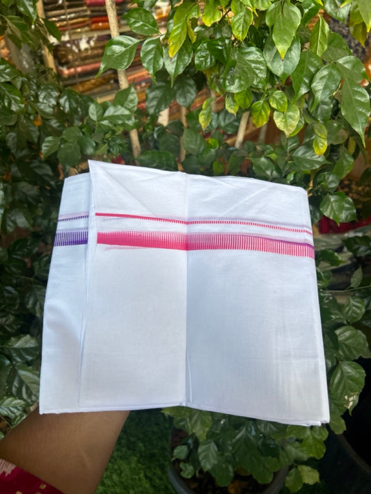 20% Discount ! Kaitharikada Balaramapuram 100% Cotton PURE WHITE Double Mundu/Dothi - 100x80 - 0.5 inch Pink & Violet Striped Kara 3.90 mtr (8 muzham) - 60 KK5294 THI