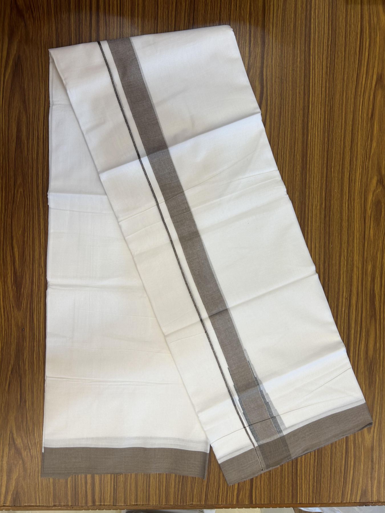 20% Discount ! Kaitharikada Balaramapuram 100% Cotton Pure White Double Mundu/Dothi - 100x80 - 1.5 inch Puliyilakkara Silver Kasav Black & Light Coffee Brown Chutty Kara 3.90 mtr (8 muzham) - 82 KK5356 VAS