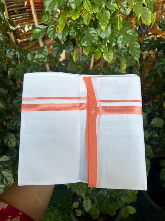 20% Discount ! Kaitharikada Balaramapuram 100% Cotton PURE WHITE Double Mundu/Dothi - 100x80 - 0.5 inch Orange Striped Kara 3.90 mtr (8 muzham) - 58 KK5294 THI