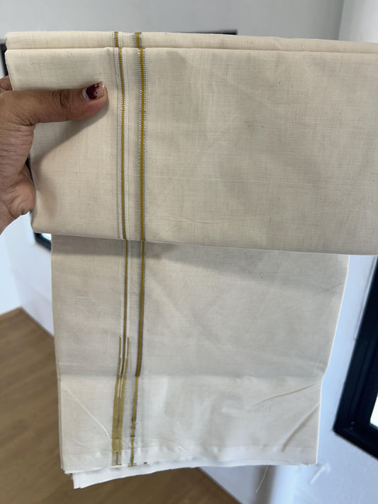 20% Discount! KaithariKada Balaramapuram 100% Cotton Double Off white Mundu/Dhoti- 100x100 - 0.2 cm Puliyilakkara Silver Kasav & Yellow Chutty Kara 4 mtr (8.5 muzham) - 6 KK5392 ASH