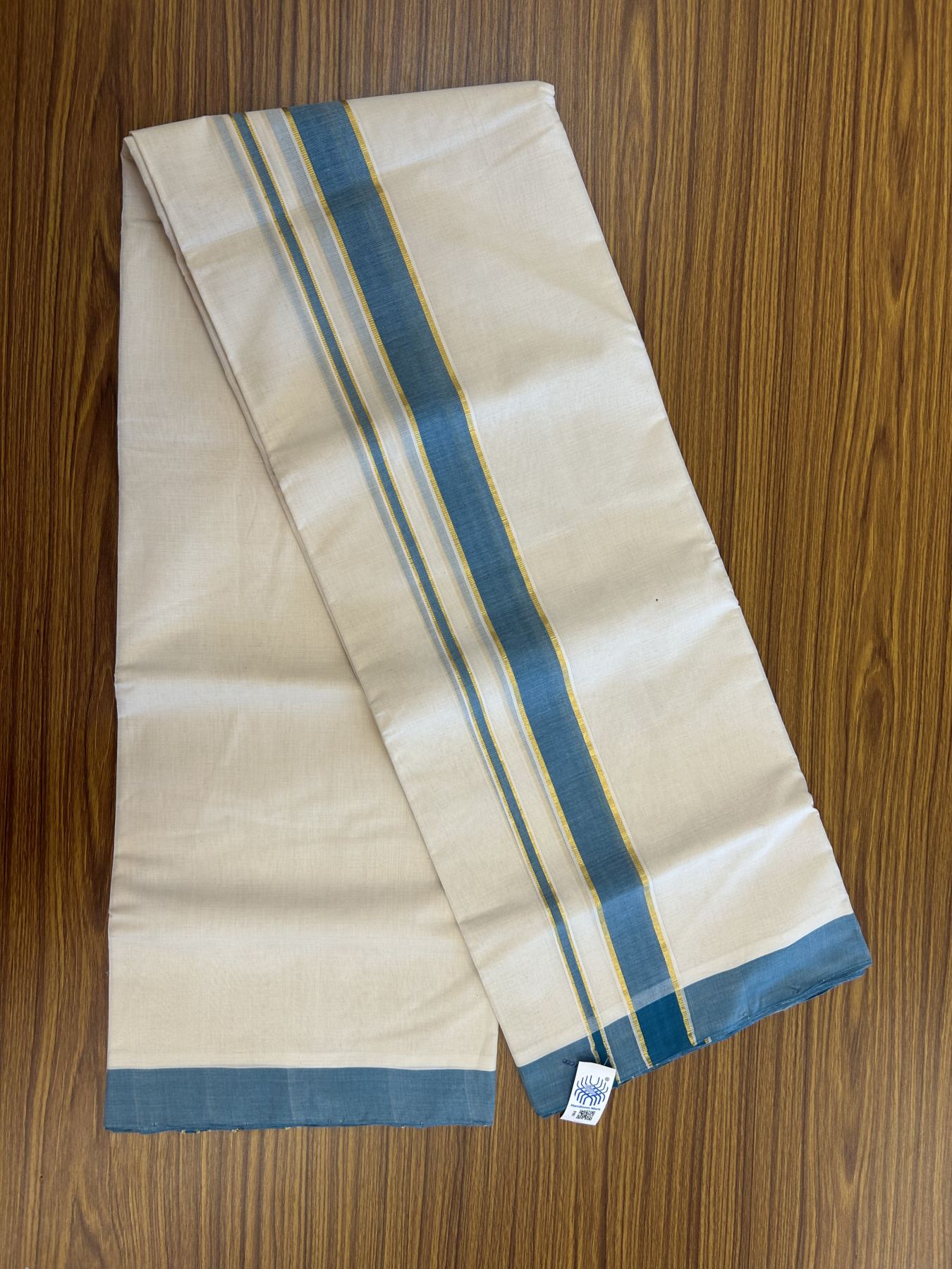Kerala Handloom - Signature Kaitharikada - 25% Discount! - Government Sealed Hallmarked-100% Pure Cotton! (90X80s) Twisted Thread- Off White Double Mundu/Dhoti - 1.5 inch Gold Kasav & Light Peacock Blue Kara 4 mtr (8.5 muzham) - 8 KK5331 KAL