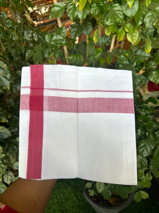 KaithariKada Balaramapuram 100% Cotton Single Pure White Mundu/Dhoti - 100X80 - 1.5 inch Light Maroon Shaded kara 2 mtr (4 muzham) - 7 KK5294 THI