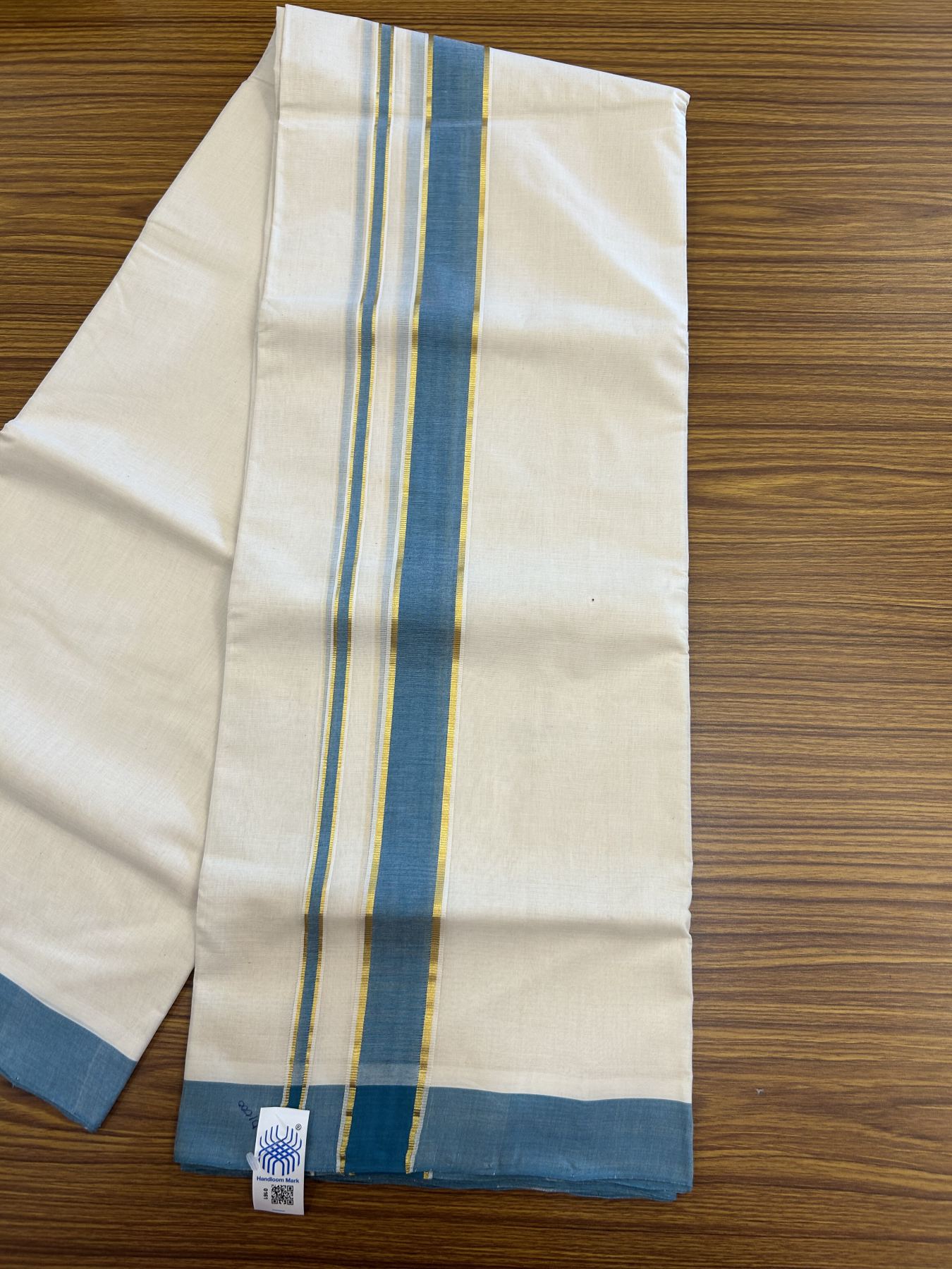 Kerala Handloom - Signature Kaitharikada - 25% Discount! - Government Sealed Hallmarked-100% Pure Cotton! (90X80s) Twisted Thread- Off White Double Mundu/Dhoti - 1.5 inch Gold Kasav & Light Peacock Blue Kara 4 mtr (8.5 muzham) - 8 KK5331 KAL
